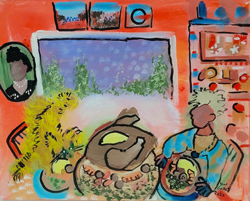 Yvon Gallant artwork 'Le diner de Noël avec mon chat Tipuss' at Gallery78 Fredericton, New Brunswick