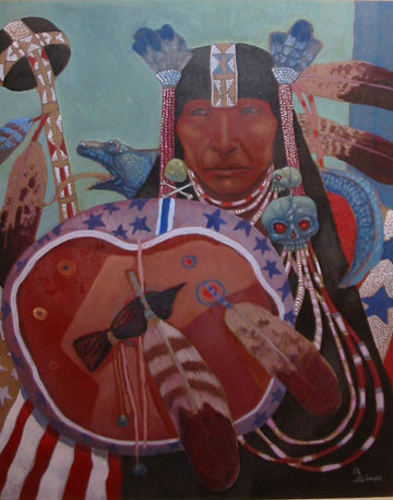 Roger Simon (1954-2000) artwork 'Aboriginal Man Draped in the American Flag' at Gallery78 Fredericton, New Brunswick