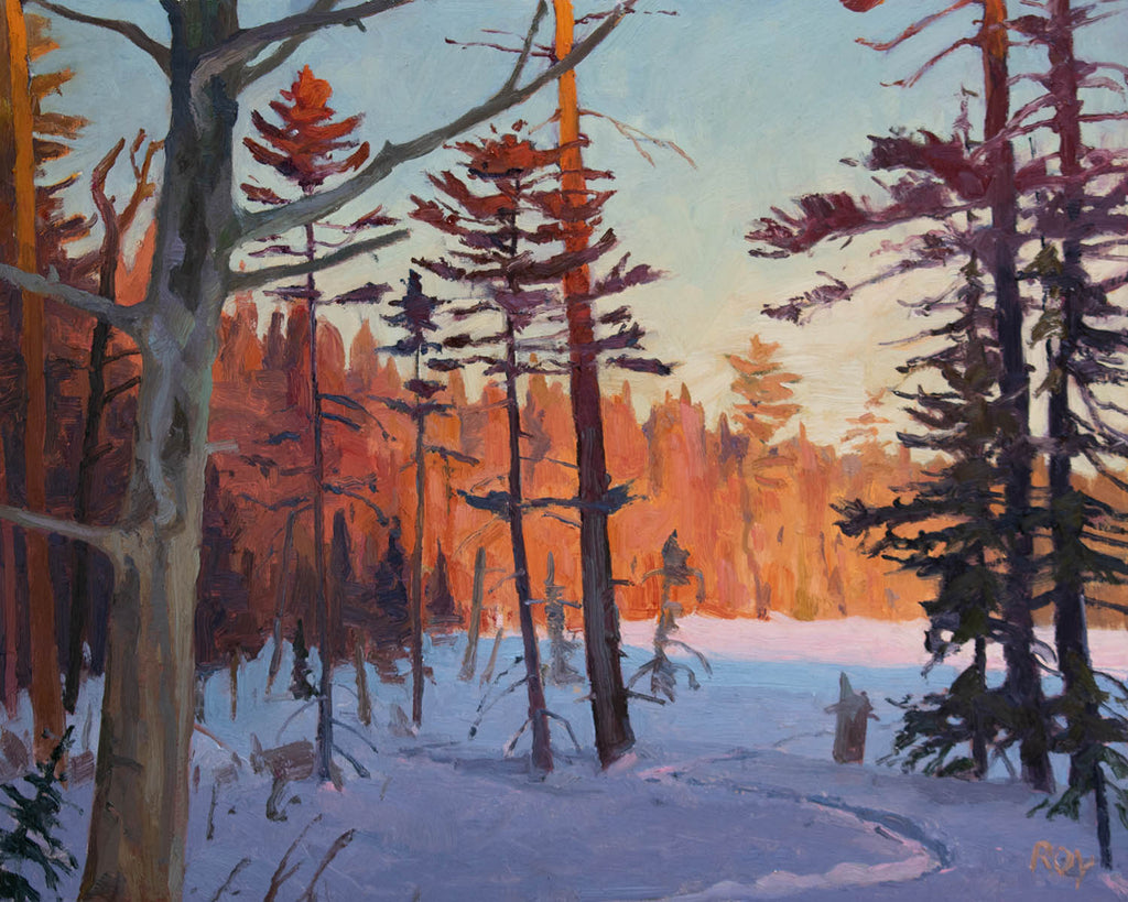 Réjean Roy artwork 'Sunset on Winter Lake' at Gallery78 Fredericton, New Brunswick