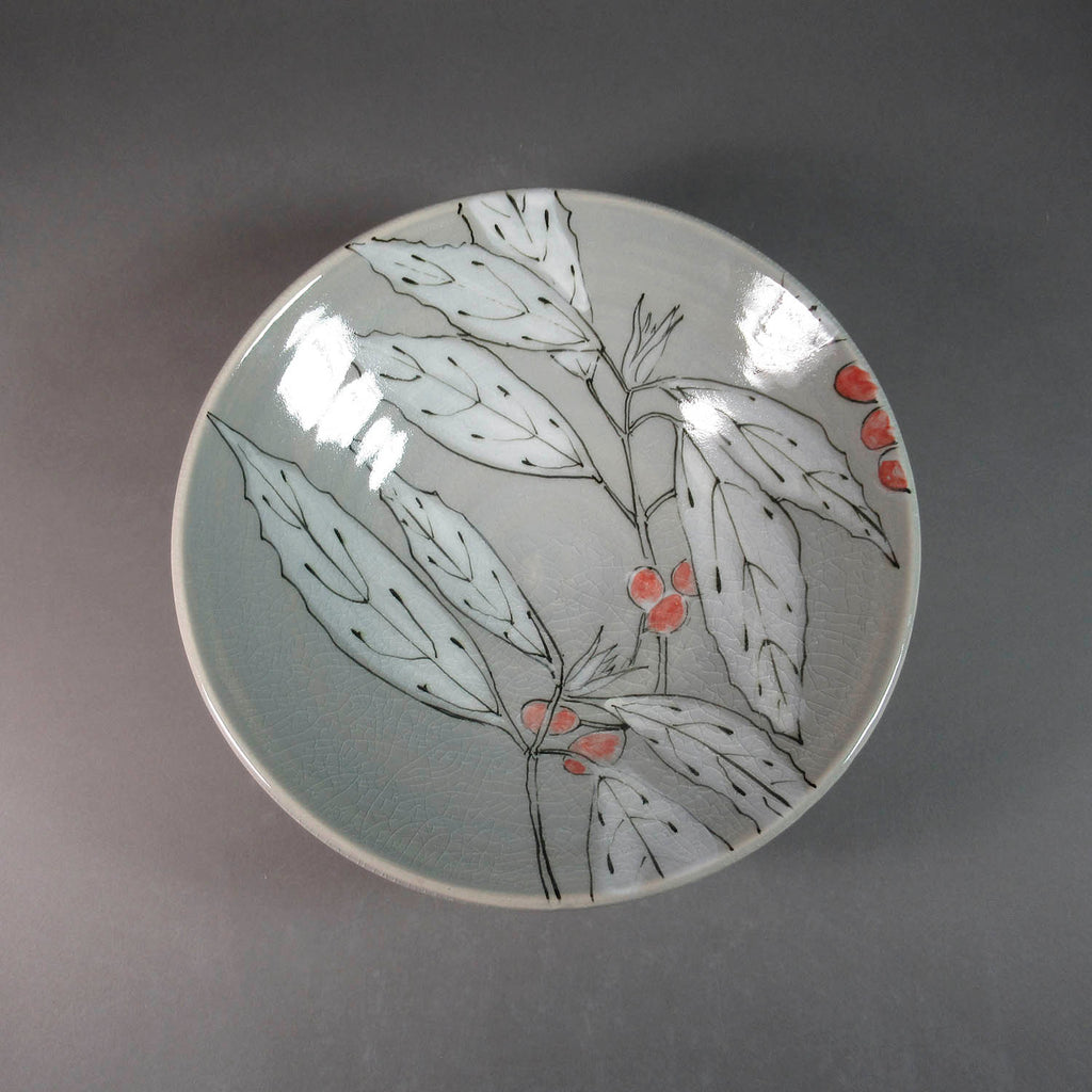 Karen Burk artwork 'Bowl - Grey with Leaves and Berries' at Gallery78 Fredericton, New Brunswick