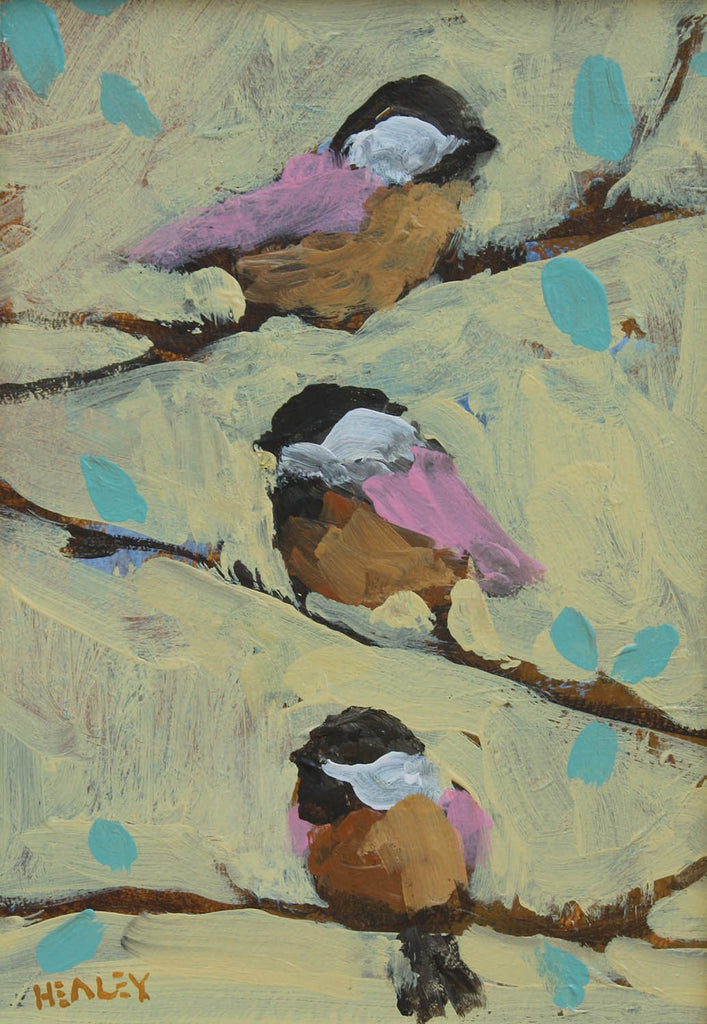 Paul Healey artwork 'Pink Chickadees' at Gallery78 Fredericton, New Brunswick